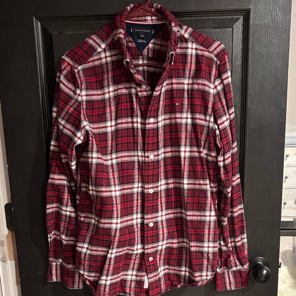 Tommy Hilfiger Red and White Plaid Button-Down Shirt